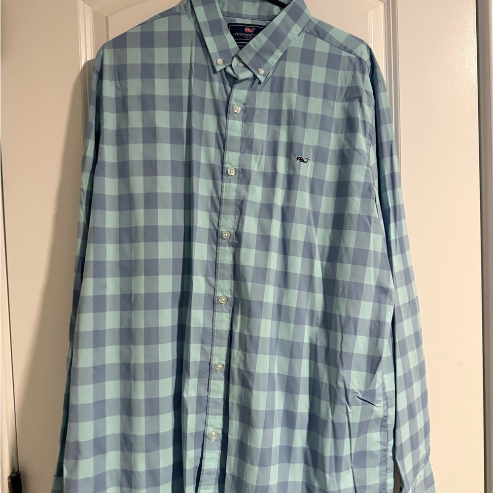 Vineyard Vines Performance Men’s Blue & Mint Check Button-Down Shirt